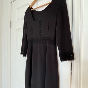 Sezane Black Long Sleeve Midi Dress with Lace Trim